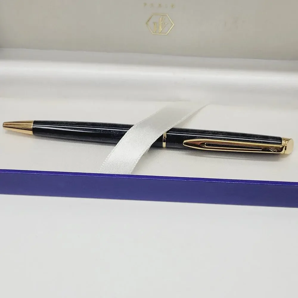 Waterman Paris Black Marble & Gold Trimmed Twist Ballpoint Pen Blue Case LFB